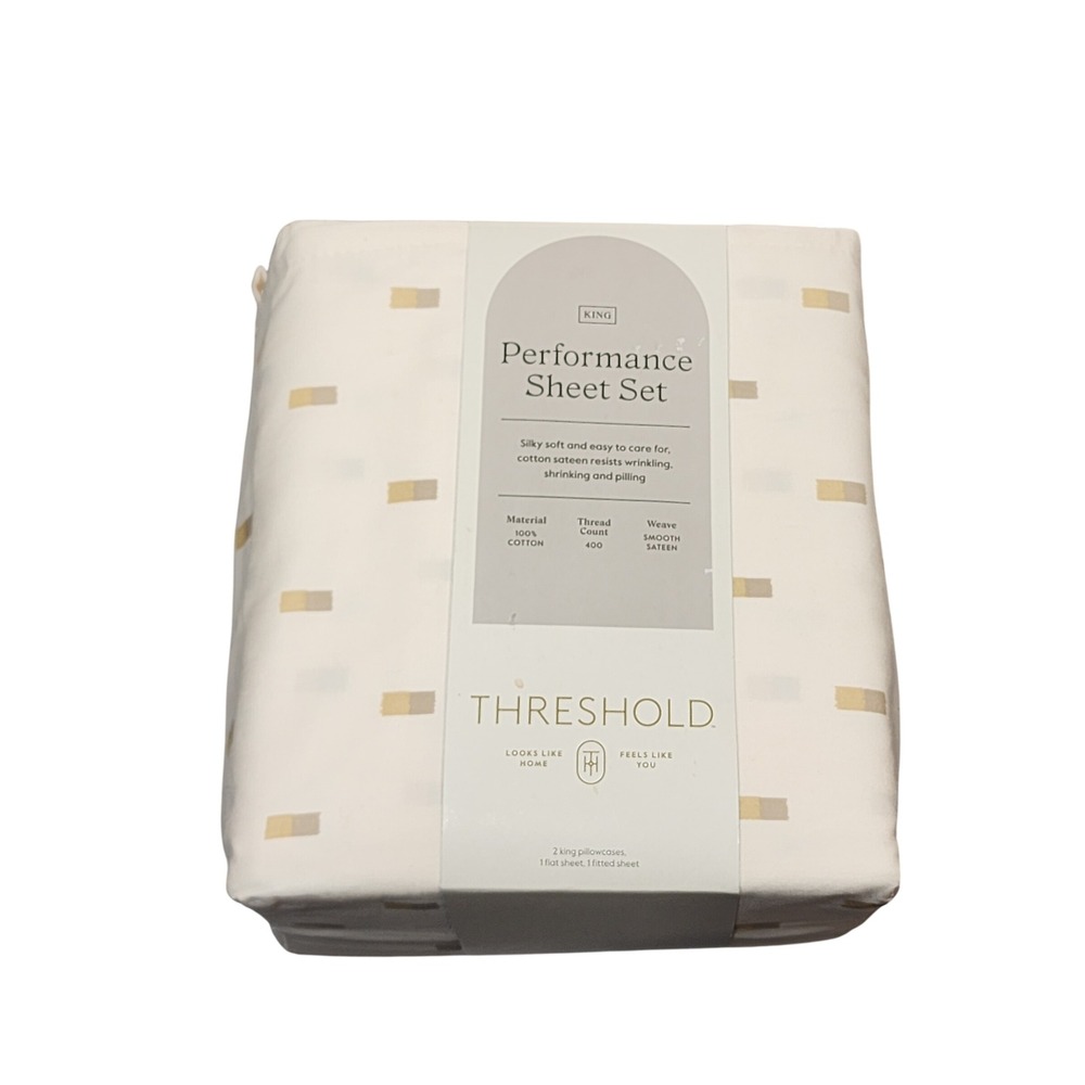Threshold King Performance Sheet Set 400TC Cotton Sateen Khaki Ikat Block 4pc